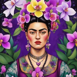 Frida Kahlo as a tattooed Viking warrior: she delicately picks the orchid flower with her mystical allure and enchanting fragrance. They are in a hidden garden deep within the heart of a mystical forest, where orchids bloom in a riot of hues - from deep purples to dazzling whites, each blossom a work of art crafted by nature's hand.