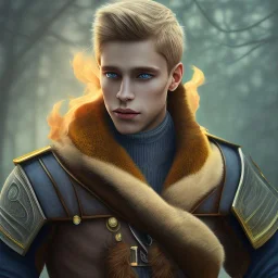  beau Male, Human, Blond, galactique, Fire Mage,blue Eyes, , Photorealism, Full Body Shot, Forest Background blue