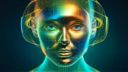 Holographic Virtual Reality Face Beauty, Double Exposure, Clear Lines, Blue, Green, Gold, Orange, 64K, High Definition,