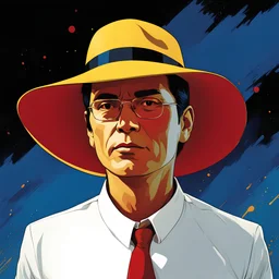 Gustavo Petro, comic style artwork, dark yellow, black, red and blue, with wide-brimmed hat, with white shirt, calm