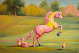 Big pink plastic toy horse.19th painting