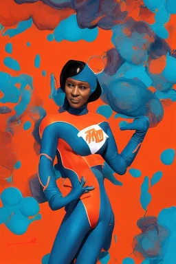 Miami Dolphins-themed beautiful perfect female superheroine orange and teal skin-tight costume Afrofuturism CopticArt Style of Elle Magazine Reisha Perlmutter Leng Jun Stan Lee Joseph Ducreux Kehinde Wiley Boris Vallejo Jeff Koons photorealistic portrait painting street art 64 megapixels Pixar, Disney 3d digital art, Maya 3D, ZBrush 3D shading dynamic lighting iridescent