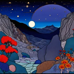 Colourful, peaceful, Egon Schiele, Max Ernst, night sky filled with galaxies and stars, rock formations, trees, flowers, one-line drawing, sharp focus, 8k, deep 3d field, intricate, ornate