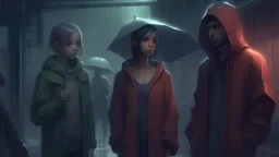 Characters on a mysterious rainy day, atmospheric, moody, cinematic, detailed background, digital painting, rainy ambiance, character design by Loish and Jamie Jones, 4k resolution, dynamic lighting