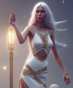 Gipsy, beautiful, curvy body, white fabric dress, beautiful long hair, head and shoulders portrait, holding tarot card, 8k resolution concept art portrait by Greg Rutkowski, Unreal Engine 5 volumetric lighting