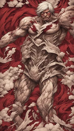 Create a captivating pattern inspired by the anime first Titan in Attack on Titan. The design should embody the essence of the inaugural Titan, capturing its colossal power and fearsome presence. Consider the intricate details of its transformation, incorporating the emotional undertones and brutal strength that define the Titan. Whether through stark lines or flowing curves red colors