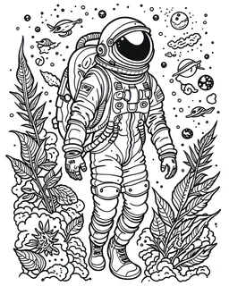 outline art for stoners coloring pages with A very simple and super minimal design featuring A cosmic coloring page featuring an astronaut floating in space surrounded by cannabis constellations., white background, sketch style, fully body, only use outline, cartoon style, clean line art, white background, no shadows and clear and well outlined