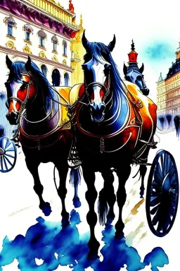 Fiacre, low carriage with two horses in Vienna. Aquarell