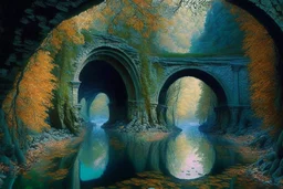 emerald river beneath incredible ancient stone arches, autumn trees, no people, by Ivan Shishkin, Ferdinand Knab, Dan Seagrave, Erik Johansson, Peter Mohrbacher, Anato Finnstark, Flavio Greco Paglia. unreal engine, bokeh sharp focus dof ultra realistic oil on canvas beautiful award winning photograph ultra detailed