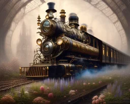 stunning hyperdetailed victorian steampunk steam train; meticulously hyperdetailed victorian engineering :: beautiful natural lighting :: photoillustration hyperrealism :: fantasy mixed media :: by Ian Miller By Android Jones By James Jean digital painting, digital illustration, extreme detail, digital art, 4k, ultra hd