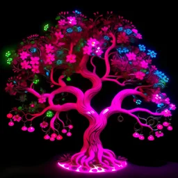 Tree of life with pink neon flowers and uv mushrooms