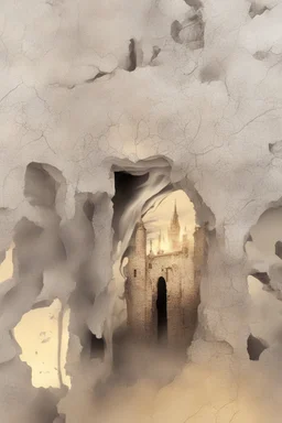 surrealis monochrome A fragmented, surreal sculpture liguid color of photorealistic image 3d,psychedelic art of an castle glossy emerging from dreamlike a crumbling building. The face appears pale with deep cracks and intricate details, evoking a haunting expression. Blackened tree branches intertwine with the gold mengkilat cracks, set against a backdrop of stormy, cloud-filled skies. bauhaus art The overall tone is dark and moody, suggesting themes of decay and transformation.