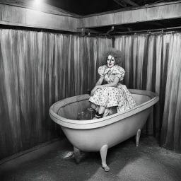 in the wagon bathtub (crazy psychedelic high res photo by Russ Myer) the woman clown take a barh after the show