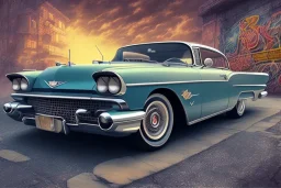 CADILAC EL DORADO 1957 by Alan Parker animation. 2m , 8k ,hyperdetails, realistic photo,full colors, graffiti font , sunrise