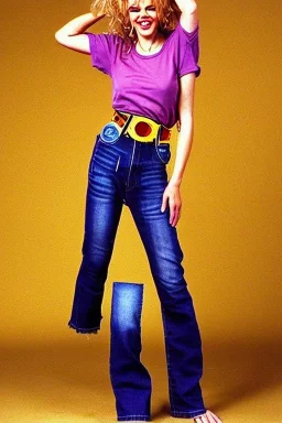 year 1996 denim fashion. Loose, baggy, low waist Combat pants and t-shirt. Colors: denim blue, blue, purple, cream, khaki, light green, lilac, plum, orange, terracotta, red, light yellow, lion yellow, pink, dark blue, beige. leopard, Cheetah, wide belt. Latex in small part. Kylie Minogue, Tyra Banks,Julia Roberts. leg warmer. Cargo pants.