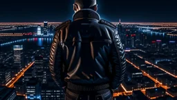 An Englishman in a bomber jacket standing at the top of a tall building looking across a city at night