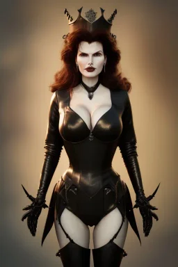 Geena Davis as evil queen in black leather, leather, busty, cleavage, angry, rage, stern look. character design by cory loftis, fenghua zhong, ryohei hase, ismail inceoglu and ruan jia. unreal engine 5, artistic lighting, highly detailed, photorealistic, fantasy