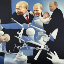 Complex Surgical Instruments crossing over Putin,President Xi jinping,Joe Biden hugging together with a Newborn Boy,black background,surrealism,minimalism,Painting By Adrian Ghenie,Rene Magritte,Salvador DaliLucian Freud,Michelangelo,Pablo Picasso