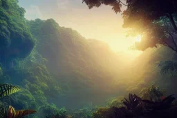 a highly detailed matte painting of a beautiful tropical jungle with a hidden city by mokoto shinkai, by greg rutkowski, by artgerm, by beeple, golden hour, cinematic lighting, octane render, 4k resolution, trending on artstation