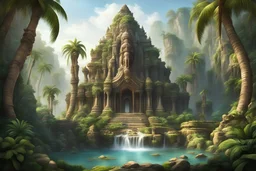 храм индии ганеши в джунглях пальмы скалы водопады лианы двор из камней руины фэнтези арт