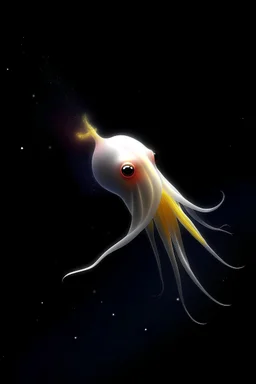 a realistic small white squid with long tentacles floating in a black ocean with bursts of color surrounding