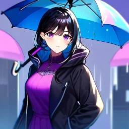 8k, Girl, high quality, detailed, black hair, purple eyes, beautiful lighting, vibrant colors, jacket, raining, umbrella