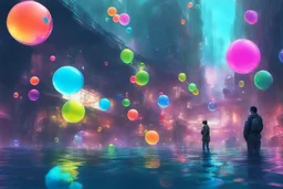 under water, cyberpunk, city, colorful, bubbles