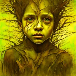 The Face of Childhood Trauma Taking Root, by Peju Alatise & carne griffiths & Zdzisław Beksiński, full head & neck depicted, clean, clear accurate facial features, symmetrical eyes,deftly depicted with incredible expressiveness & depth, visibly furrowed brow, distinct tree roots & branches Modifiers: sharp focus realistic elegant fantasy Zdzisław Beksiński no text insanely detailed Surrealism Tom Bagshaw Engraving accurate and proportional human anatomy reflective lighting symmetrical eyes Ver