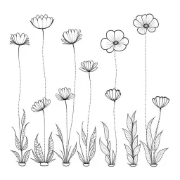 set of grow wind flower on the grace, SIMPLE ONE lineS art, white background, minimalis, different view, only white bakcground solid.