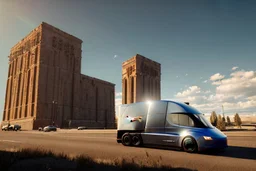 A Tesla 'Semi' (semi truck) is parked, near the 'Devils Tower' in Wyoming. (CINEMATIC, WIDE ANGLE LENS, PHOTO REAL)