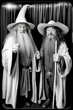Gandalf and Frodo taking serie of BW photos inside photo booth.