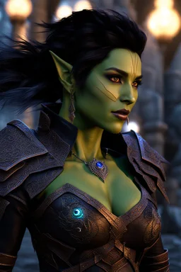 3.4 body shot, green skin,beautiful face, female gorgeous orc, 2 fang visible on mouth, thin, lightning crackle crested around her armor as symbols,dark hair, detailed glowing ornamental magical pattern armor, glowing gem crackling with lightning implanted on leather armor, 8k, high detail, market background, midnight, facing viewer, front facing