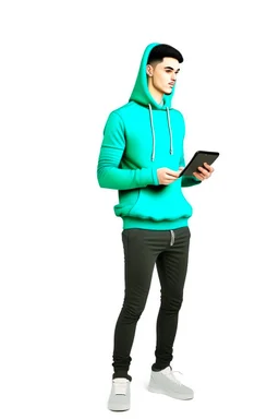 Modern guy, 20s, "holding ipad in left hand", looks like a "renaissance painting look", walking forward, full body, "persian green hoodie", blue pants, "right hand pointing down". "Front facing" "forward view" white background