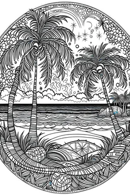 Mandala of moonlit beach with starlit palm trees, in black and white with distinct lines, perfect for an adult coloring book, contour, vector, clean line art, isolated on a white canvas
