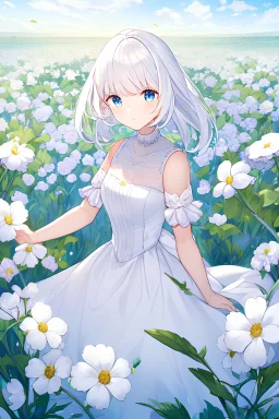 Девочка с голубыми глазами, белыми волосами, в белом платье в поле цветов лаванды
