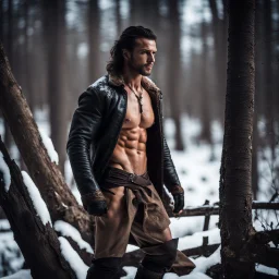 Handsome and muscular 30 year old shirtless mountain man, dark fantasy, snowy forest