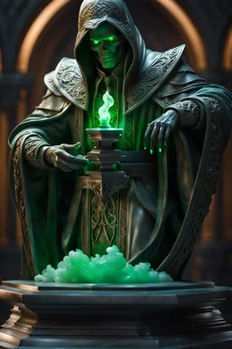 highly detailed marble and jade sculpture of a male necromancer, full body shot, transparent nail polish, beautiful hands, stunning face, volumetric fog, Hyperrealism, breathtaking, ultra realistic, unreal engine, ultra detailed, cyber background, Hyperrealism, cinematic lighting, highly detailed, breathtaking, stunning environment