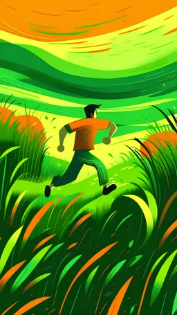 A person running in a place on the ground of grass, an optimistic image and deep in Abstract style