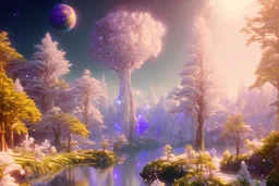 white and gold crystal cosmic and galactic ambiance river sky trees , full of details, smooth, bright sunshine，soft light atmosphere, light effect，vaporwave colorful, concept art, smooth, extremely sharp detail, finely tuned detail, ultra high definition, 8 k, unreal engine 5, ultra sharp focus