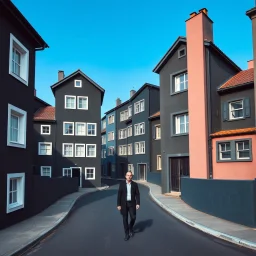 Fotografia di strada blu aperta weirdcore dai colori vivaci. Giorgio De Chirico. Le case sono dipinte di nero chiaro stilizzate e dettagli. Ci sono finestrelle quadrate, che danno un senso distopico e molto surreale, disposte in modo casuale. L'atmosfera generale sembra noiosa e onirica, con un contrasto tra elementi reali ed elementi dipinti. Persona finta cammina