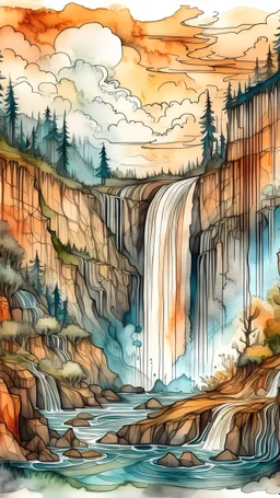 imagen de un paisaje que tiene magia,waterfall, lineart, watercolour