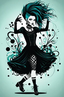 Create a wild, imaginative, whimsical and surreal dancing goth punk girl in the vector graphic style of Nirak1utilizing simple shapes