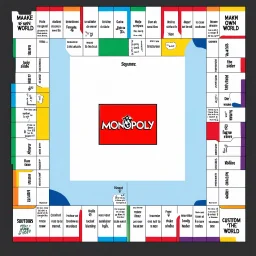 create a custom monopoly style board GAME with: 1 row of EQUAL SIDES 12 SQUARE EACH SIDE WITH A BIG SQUARE IN THE MIDDLE. MAKE THE WRITING IN THE MIDDLE SAY OWN THE WORLD ,
