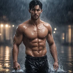 Hyper realistic Extremely Handsome shirtless with short black hair muscular man getting wet in a rainy night wearing black shirt