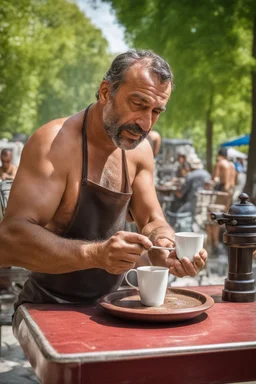 half figure photography of an ugly turkish barman servicing one coffee at the table, burly robust beefy shirtless 45 years old man, in a public park of Istambul , sunny day, sweat, wet, big shoulders, angry eyes, photorealistic