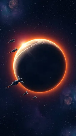 A planet surrounded with space shipsin the universe, stars in the background
