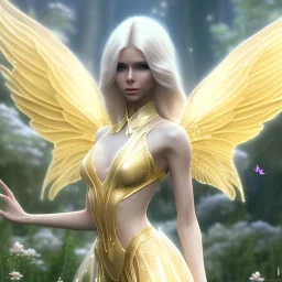 beautiful fairy very etheric, nice smiling, long blond hair, magic glamour pink make up, delicate colors, complete vision of very transparent golden and big wings, beautiful glamour transparent golden dress, ultra sharp focus, 8k, unreal engine 5, extremely sharp detail, light effect, soft light atmosphere, smooth, full of details, face in front, complete vision of face and hair and of the body