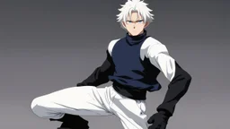 Satoru Gojo is a young guy white hair blue eyes black turtleneck without arms white loose pants in a defensive pose