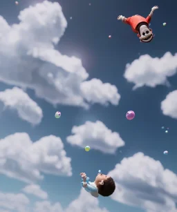 Ultra realistic speed clouds sky scene, wide angle view, child falling down with many Children background, inflatable monsters, circus dress style, feather color, free jumping flying, many trinkets, hair monster, many jelly beans, balls, color smoke, smile, happy, extreme, wind, clouds sea, 20,000 feet altitude, stratosphere, soft color, highly detailed, unreal engine 5, ray tracing, RTX, lumen lighting, ultra detail, volumetric lighting, 3d, finely drawn, high definition.