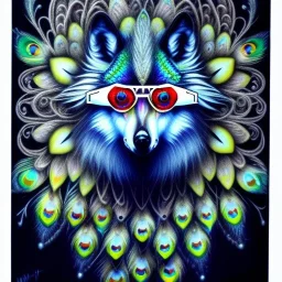 wolf peacock with glasses, fine pencil, spray paint, chalk, blurred pattern background